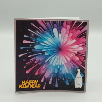 Neujahrskarte mit Feuerwerk und Sektflasche