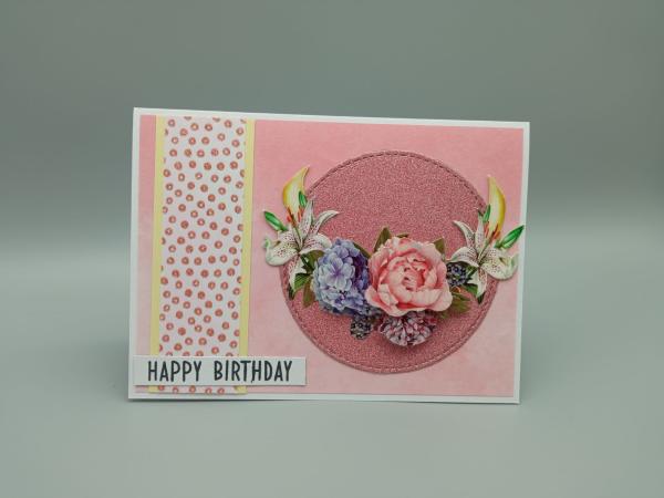 Handgemachte Geburtstagskarte "Blütenpracht & Glitzerzauber" – Happy Birthday!