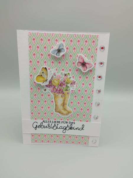 Liebenswerte Geburtstagskarte "Alles Liebe für das Geburtstagskind" mit floralen Gummistiefeln
