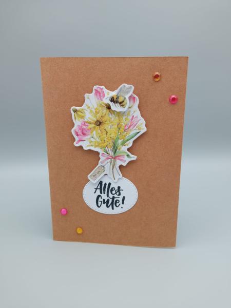 Handgefertigte Grußkarte "Alles Gute!" – Fröhlicher Blumenstrauß auf Naturton