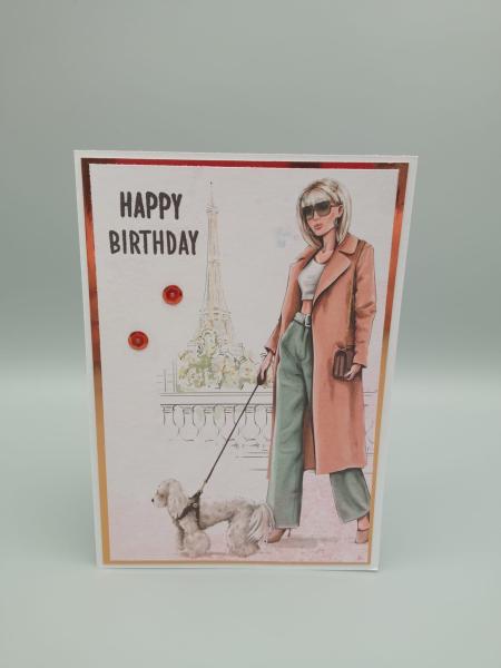 Elegante Geburtstagskarte "HAPPY BIRTHDAY" – Paris Chic mit Hund